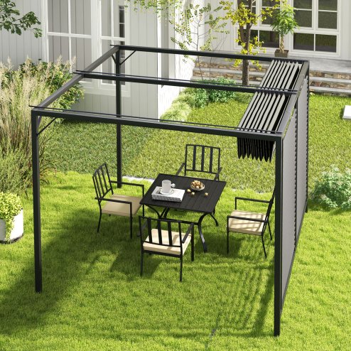 Outsunny 2.8 x 3(m) Metal Outdoor Pergola with Retractable Roof, Outdoor Gazebo Canopy Shelter with Grommet Holes for Garden, Patio, Lawn, Grey