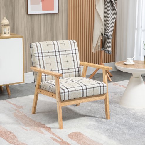 HOMCOM Modern One Seater Sofa for Living Room, Linen Fabric Small Couch with Rubber Wood Frame, Armrests, Lattice Pattern, Upholstered Armchair, Beige Image