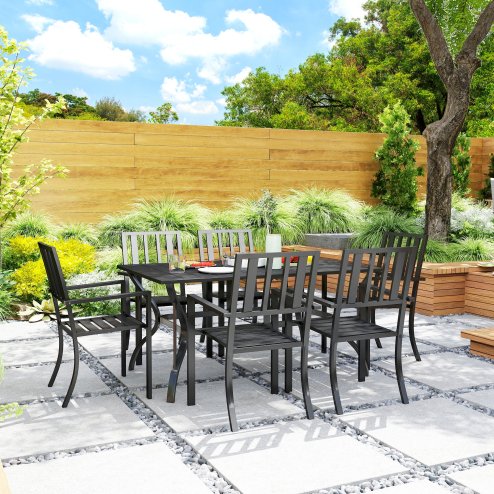 Outsunny 7 Pieces Patio Dining Set, 6 Seater Outdoor Table and Stackable Chairs with Umbrella Hole, Galvanised Steel Frame, Space Saving, for Poolside, Garden, Black
