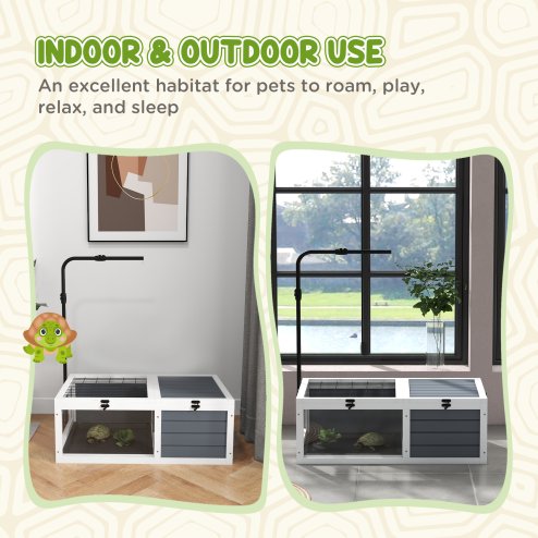 PawHut Tortoise House, Wooden Tortoise Table, Tortoise Enclosure with Adjustable Lamp Holder, Openable Lids, Pull-Out Trays - Grey