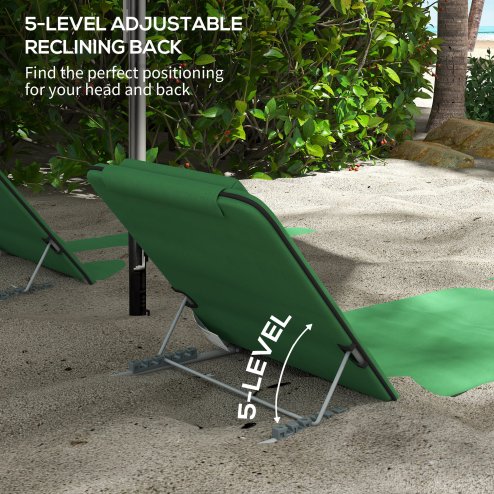 Outsunny Set of 2 Foldable Garden Beach Chair Mat Lightweight Outdoor Sun Lounger Seats Adjustable Back Metal Frame PE Fabric Head Pillow w/ Carry Bag, Green
