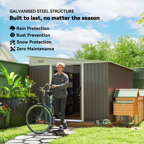 Outsunny 11.3 x 9.2ft Lean to Metal Garden Shed with Double Sliding Doors, Outdoor Galvanised Tool Storage House with 2 Air Vents, Grey