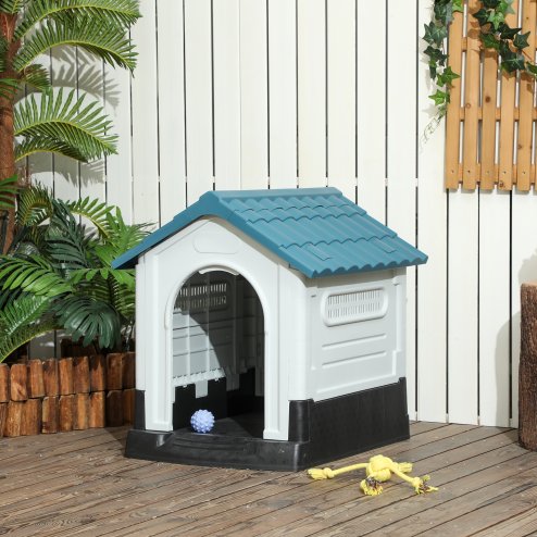PawHut Dog Kennel for Outside, Plastic Dog House, Water-Resistant Pet Shelter with Windows, for Garden Patio, Miniature Dogs, 64.5 x 57 x 66cm - Blue