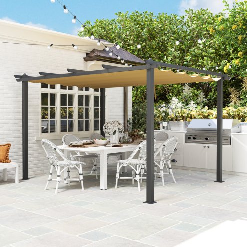 Outsunny 3 x 4m Pergola with Retractable Roof, Aluminium Frame Garden Gazebo Canopy Outdoor Sun Shade Shelter for Grill, Patio, Deck, Khaki