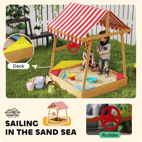 AIYAPLAY Wooden Kids Sandpit, Boat Sandbox with Canopy, Seats, Rudder & Non-woven Fabric Bottom Liner, Outdoor Sand Pit for Children 3-8 Years, for Garden, Grass, Beach, Yellow