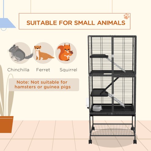 PawHut Ferret Cage Rolling Small Animal Cage 4 Levels Pet Cage 136cm Height for Chinchillas, Squirrels with 3 Doors, Storage Shelf, Tray, Bowl, Water Bottle, Ramps - Charcoal Grey