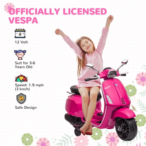 AIYAPLAY Vespa Licensed 12V Kids Electric Motorbike, Kids Ride on Motorcycle with Music, Headlight, MP3, FM Radio, Two Training Wheels, for 3-6 Years - Pink