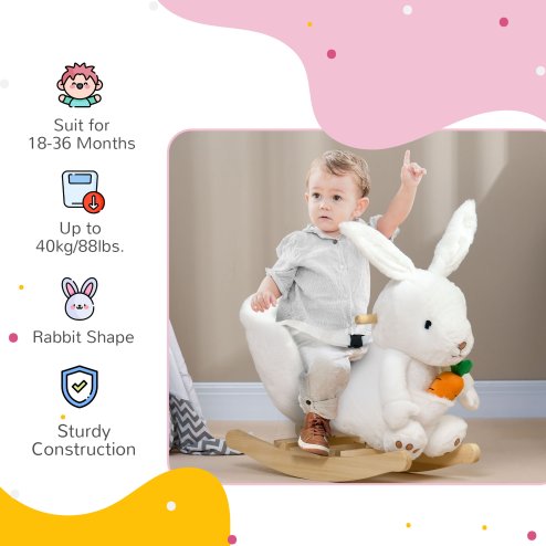 HOMCOM Kids Rocking Horse, Plush Rabbit-Shaped Baby Rocking Animal w/ Carrot Toy, Safety Harness, Realistic Sounds, Foot Pedals, for Toddlers Aged 18-36 Months - White