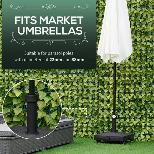 Outsunny Heavy Duty Garden Parasol Base Stand with Wheels, 18kg Sand or 16kg Water Filled Patio Umbrella Base Square Outdoor Umbrella Stand Holder, Black