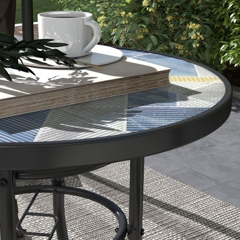 Outsunny ??60 cm Garden Round Coffee Table,  Outdoor Side Table with Tempered Glass Printed Table Top and Foot Pads for Porch, Balcony, Multicolour