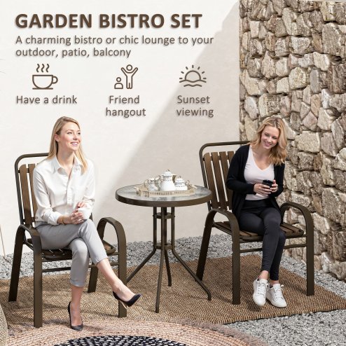 Outsunny 3 Pieces Patio Bistro Set, Garden Furniture Set with Stackable Chairs, Tempered Glass Table, Rust Resistant for Outdoor, Balcony, Patio, Garden, Dark Brown