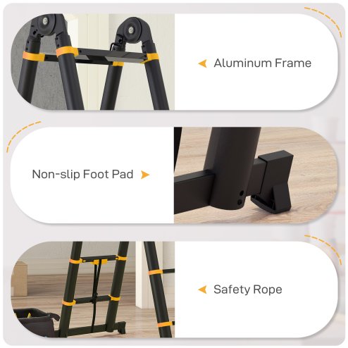 HOMCOM 3.8M Duo Aluminium Ladder with 12 Non-Slip Steps, Tool Holder Herringbone Deployed Extendable DIY with Climbing Platform, Yellow