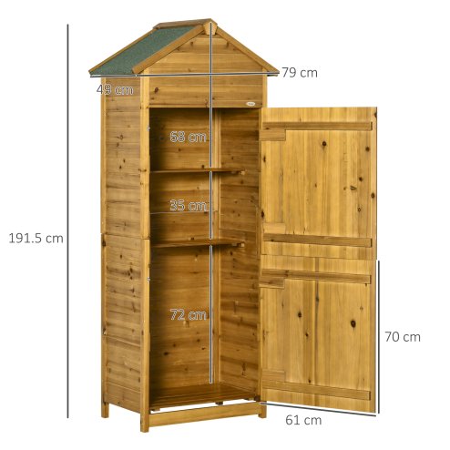 Outsunny Wooden Garden Storage Shed Utility Gardener Cabinet w/ 3 Shelves, Tilted-felt Roof and Two Lockable Doors, 79cm x 49cm x 191.5cm, Natural wood effect