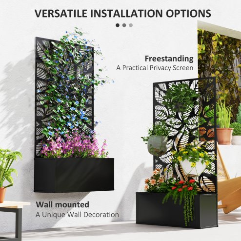 Outsunny Metal Garden Bed with Trellis, Wall Mounted or Freestanding Raised Planter with Privacy Panel, Leaf Cut-out Privacy Screen with Planter Box for Climbing Plants, Flowers, Vegetables