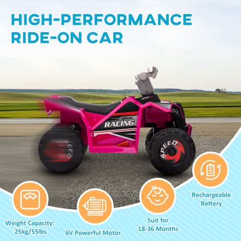 HOMCOM 6V Electric Quad Bike Kids Ride On All Terrain Vehicle with Forward Backward Function, for Ages 18-36 Months - Pink