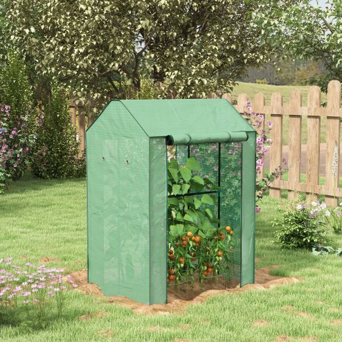 Outsunny Mini Greenhouse, Tomato Greenhouse Green House for Garden with 2 Roll-up Doors, Vent Holes and Reinforced PE Cover, 100 x 80 x 150cm, Green
