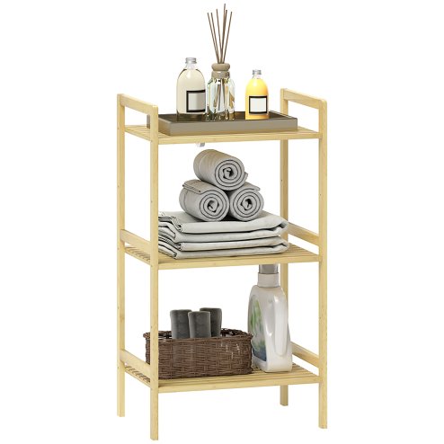 HOMCOM 3-Tier Bamboo Bathroom Storage Shelf, Freestanding Shelving Unit with Adjustable Rack for Kitchen Bathroom Living Room