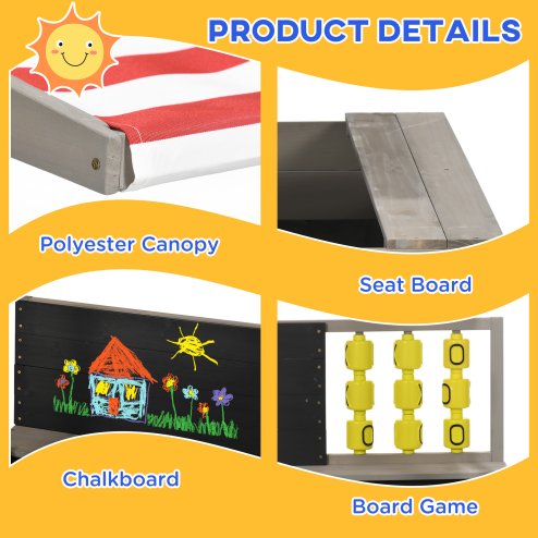 Outsunny Kids Wooden Sand Pit, Children Sandbox w/ Non-Woven Fabric, Two Seats, Canopy, for Gardens, Playgrounds - Grey