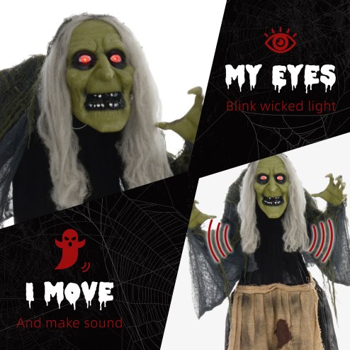 HOMCOM 160cm Witch Outdoor Halloween Decoration, Halloween Animatronic with Sound Activated, Light Up Eyes, Sound Effects, Animated Prop for Haunted House