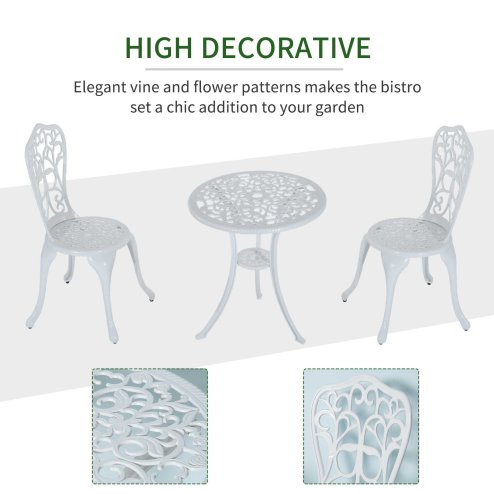 Outsunny 3 Pieces Antique Garden Bistro Set for 2, Cast Aluminium Garden Furniture Set with Umbrella Hole for Balcony, Porch, Patio, White