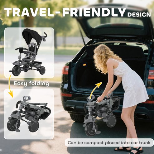 AIYAPLAY Kids Trike, 6 in 1 Toddler Tricycle with Adjustable Parent Handle & Canopy, Convertible Seat, for Ages 1-5 Years, Foldable Baby Trike with Safety Harness, Storage Basket & Bag, Black