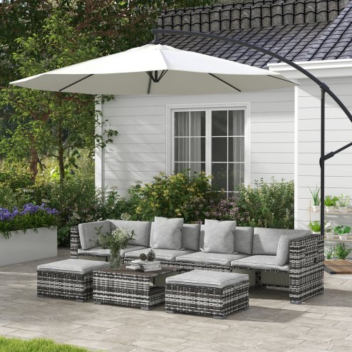 Outsunny 7 Pieces PE Rattan Garden Sofa Set Patio Furniture Set with Glass Table, Stools, Cushions, Pillows, for Outdoor Balcony, Mixed Grey