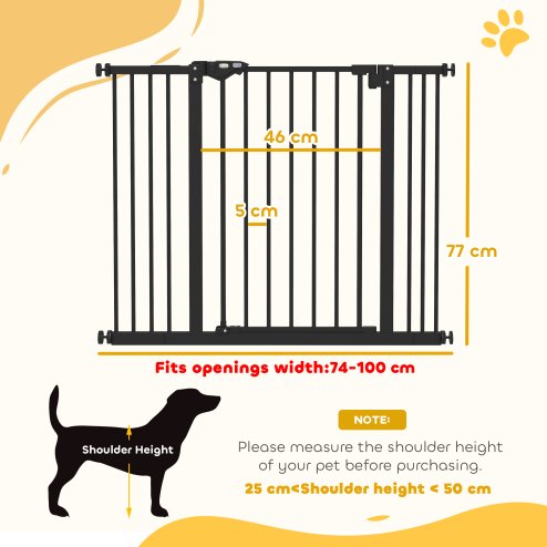 PawHut Dog Gate Stair Gate Pressure Fit Pets Barrier Auto Close for Doorway Hallway, 74-100cm Wide Adjustable, Black