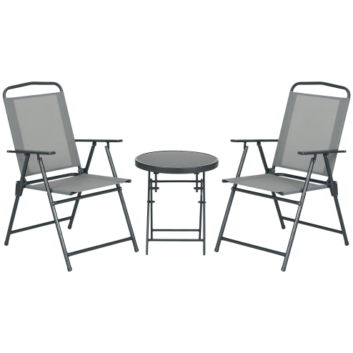 Outsunny Garden Bistro Set, 3 Pieces Table and Chairs Set, Outdoor Garden Furniture with Foldable Breathable Mesh Fabric Armchairs & Glass Top Coffee Table, Light Grey