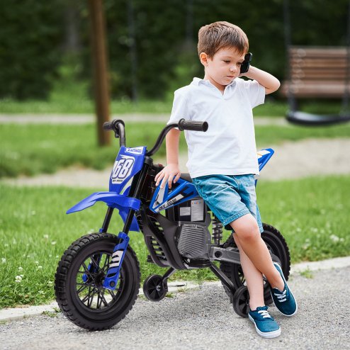 AIYAPLAY 12V Kids Electric Motorbike, Kids Electric Ride on Motorcycle, Battery Powered Toy with Twist Grip Throttle, Training Wheels, Suspension System, Music, Blue