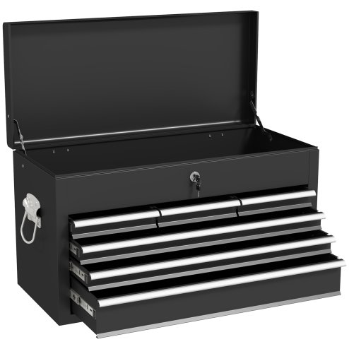 HOMCOM 6 Drawer Tool Chest, Lockable Metal Tool Box with Top Case, Ball Bearing Runners, Portable Toolbox, 600mm x 260mm x 340mm, Black