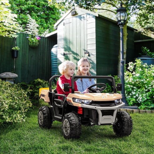 HOMCOM 2 Seater Kids Ride On Car with Electric Bucket, 12V Battery Powered Electric UTV with Shovel, Parental Remote, 4 Spring Suspension Wheels, Working Horn, Music - Yellow