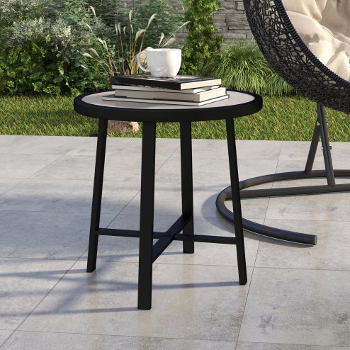 Outsunny Round Small Garden Table, 50.5cm Outdoor Side Table with SPC Tabletop, Metal Frame and Anti-slip Foot Pads for Garden, Balcony, Grey Wood Effect