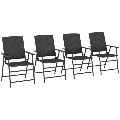 Outsunny Folding Garden Chairs Set of 4, PE Rattan Garden Dining Chairs with Armrests, High Back and Steel Frame, Weather Resistant Outdoor Dining Furniture for Patio, Balcony, Black