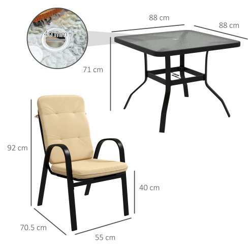 Outsunny 5 Pieces Garden Dining Set, Outdoor Square Dining Table and 4 Cushioned Armchairs, Tempered Glass Top Table w/ Umbrella Hole, Texteline Seats, Beige