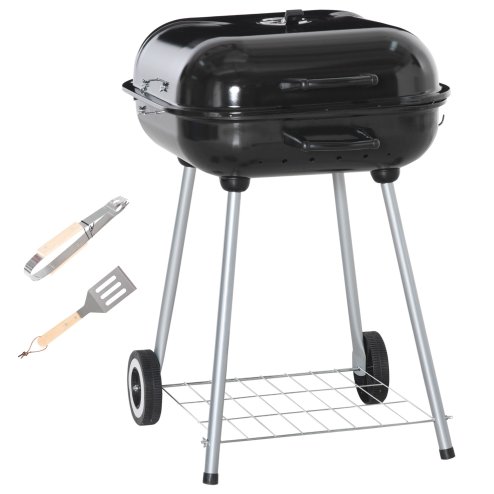 Outsunny Portable BBQ Charcoal Grill with 2 Wheels and Cooking Utensils, Smoker Grill with Lid for Outdoor Barbecues, Camping, Picnic, Courtyard
