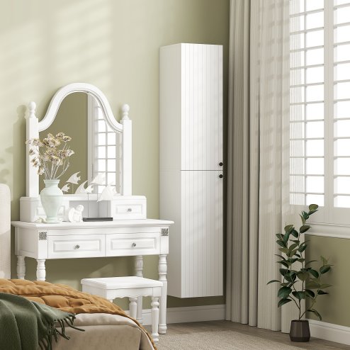 HOMCOM 300 x 1610 mm Wall Mounted Tall Bathroom Cabinet with Soft-Close Hinges, Slim Bathroom Storage Cabinet with 2 Doors, Modern Narrow Storage Cupboard, White