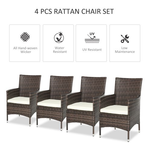 Outsunny 4 Pieces Outdoor PE Rattan Dining Chairs Set with Cushion, Garden Armchair with Armrests, High Backrest, Metal Frame Patio Wicker Furniture, Deep Coffee