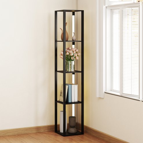 HOMCOM LED Floor Lamp with Shelves, 4 Layers Dimmable Modern Standing Lamp with 3 Brightness Levels and Foot Switch for Living Room, Bedroom, Office, Black