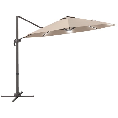 Outsunny 3(m) Cantilever Roma Parasol Garden Sun Umbrella Outdoor Patio with 360 Rotation Crank & Tilt Aluminium Frame LED Solar Light Cross Base, Brown