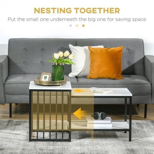 HOMCOM Modern Coffee Table Set of Two, Marble-Effect Nesting Side Tables with Steel Frame for Living Room