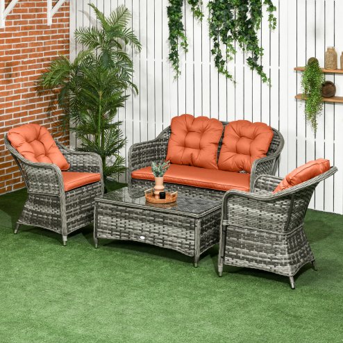 Outsunny 4 Pieces Outdoor PE Rattan Garden Furniture with Cushions, Patio Special Hand Weave Wicker Conservatory Sofa Set with Glass Top Coffee Table, Orange