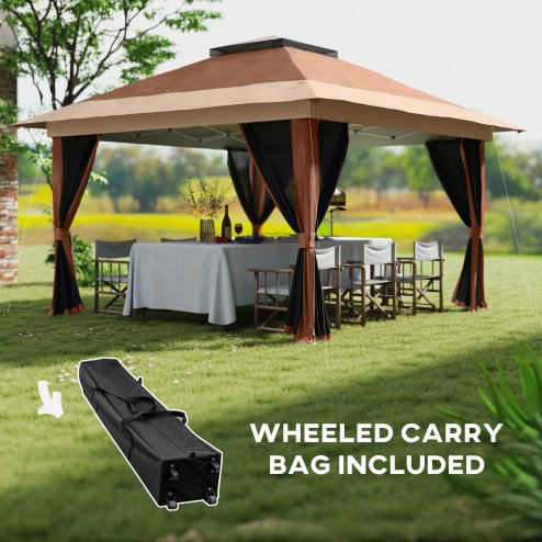 Outsunny 3.6 x 3.6m Pop Up Gazebo with Mesh Sides, UPF50+ Height Adjustable Party Tent Instant Event Shelter with Wheeled Carry Bag and Sand Bags for Garden, Patio, Brown