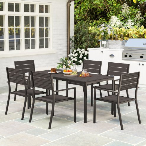 Outsunny 7 Piece Garden Furniture Set, 160 x 80 cm Rectangle Table and 6 Stackable Chairs Set, Outdoor Dining Set for Balcony, Deck, Dark Brown