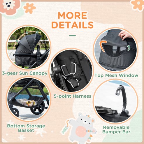 HOMCOM Baby Stroller Pushchair 2 in 1 Lightweight Travel Pram Buggy Foldable with Reversible Seat, Fully Reclining Backrest, from 0 to 3 Years, 0 to15kg, Black