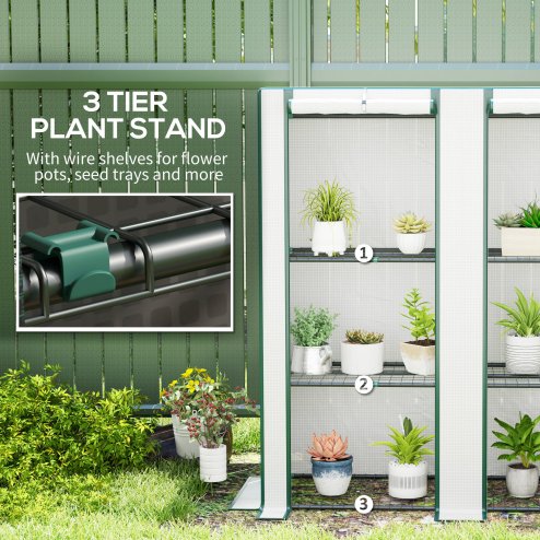 Outsunny 3 Tier Lean-to Mini Greenhouse with Reinforced PE Cover, Portable Small Greenhouse with Roll-Up Door, Green Hemmed Edging, 144 x 48 x 152cm, White