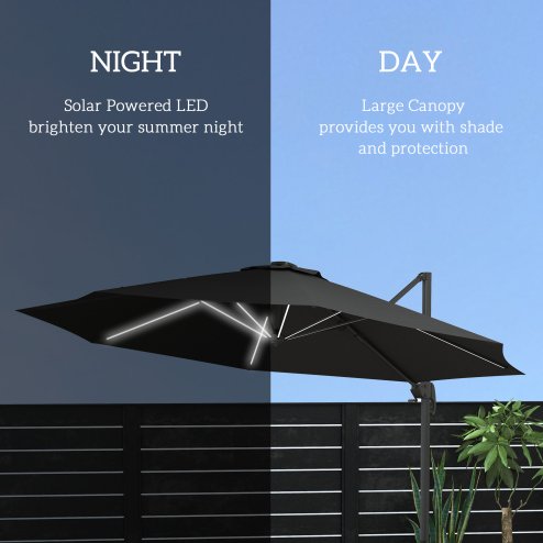 Outsunny 3(m) Cantilever Roma Parasol Adjustable Garden Sun Umbrella with LED Solar Light, Aluminium Frame, Tilt & Crank, UV50+, Cross Base Rotating Outdoor- Dark Grey