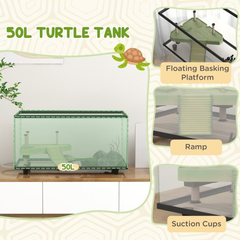 PawHut Turtle Tank, 50L Glass Turtle Aquarium with Basking Platform, Ramp, Easy Drainage, Strip Patch Thermometer, for Small Turtles, 60 x 30 x 32cm