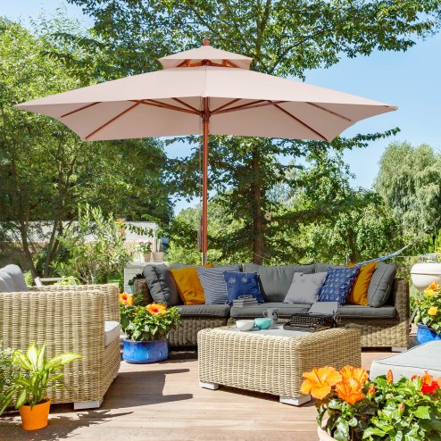 Outsunny 3 x 3 (m) Garden Parasol Umbrella, Large Square Outdoor Patio Sunshade Canopy with Double Tier, 48 mm Wooden Pole, 8 Ribs for Balcony, Beige