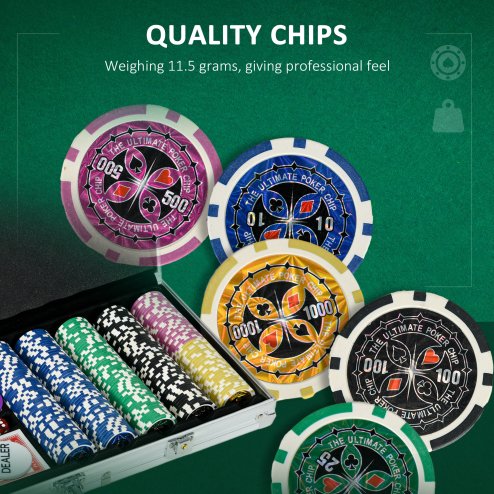SPORTNOW 500-Piece Poker Chips Set with Aluminium Case, Holdem Poker Set with Mat, 11.5g Numbered Poker Chips, Two Decks of Cards, Dealer, Five Dices