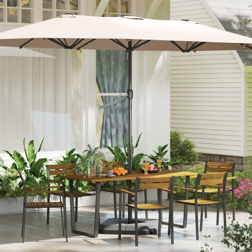 Outsunny 7 Piece Garden Dining Set, Fir Wood Garden Furniture Set with Rectangle Table and 6 Stackable Chairs, Umbrella Hole, Slatted Top and Steel Frame, for Patio Balcony Porch, Brown